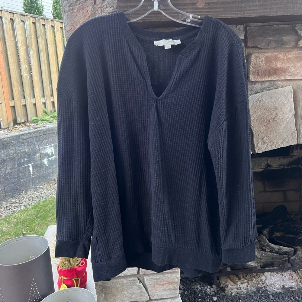 Loft Black Waffle Henley Knit Long Sleeve Top XL